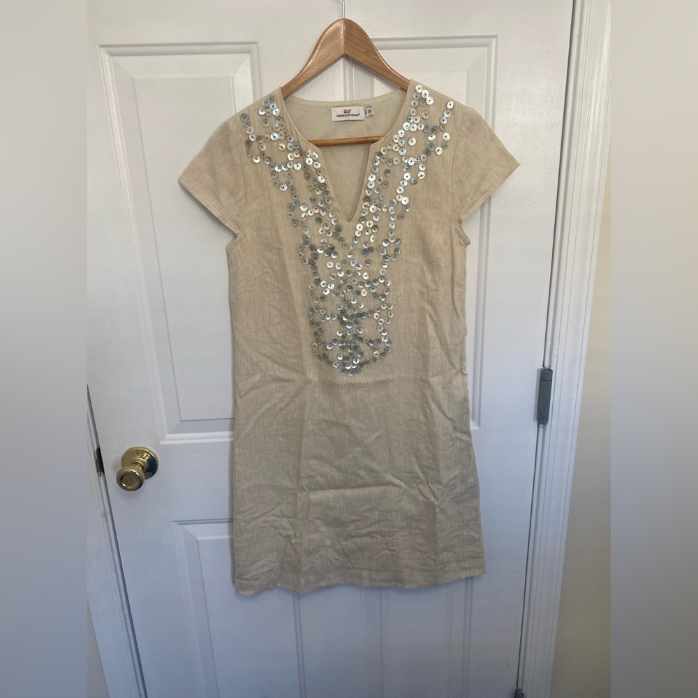 Vineyard Vines Mother Of Pearl Embellished Beige Linen Dress Classic Beach Sz 00